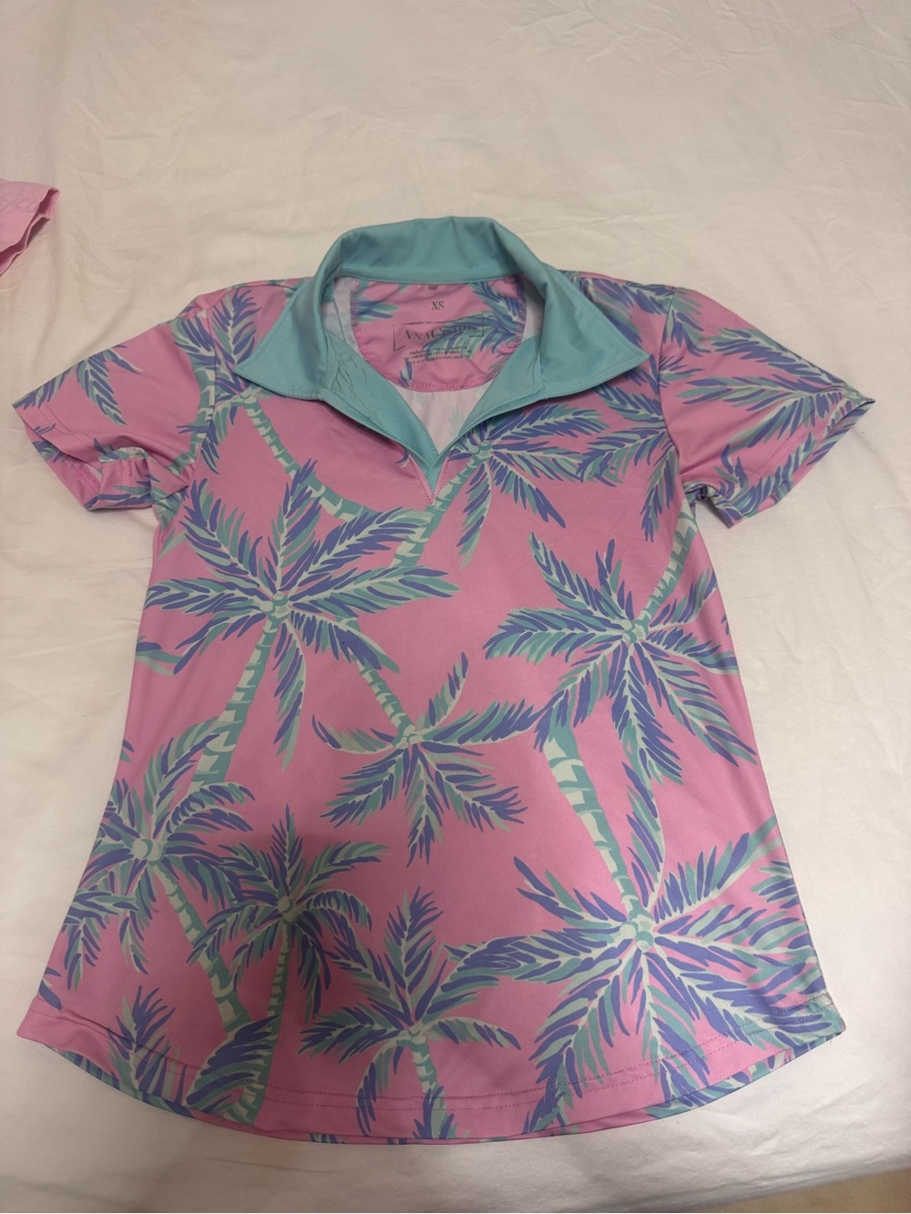 Ana Clare Women’s Pink Tropical Palm Print Polo Top with Aqua Collar